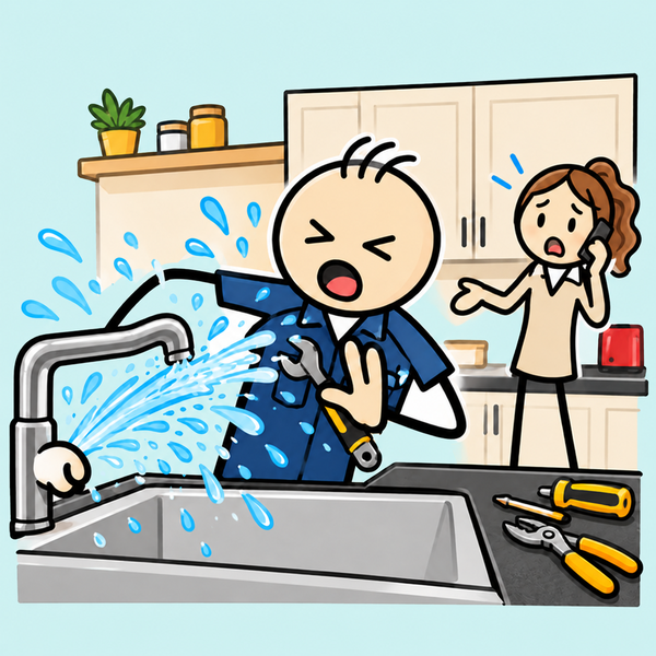 A plumber getting sprayed by a burst tap while the customer panics