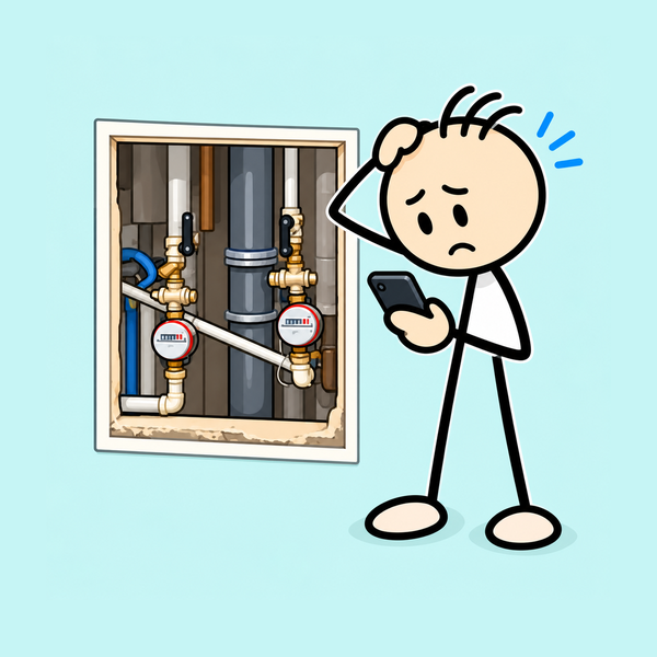 A worried customer looking at pipes and checking his phone